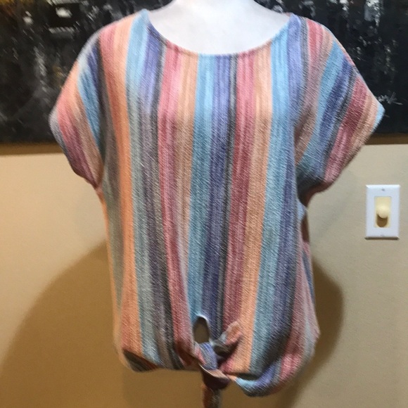 W5 (Anthropologie) Striped Rainbow Colored Knit Tie Waist Top-Size L - Picture 1 of 8